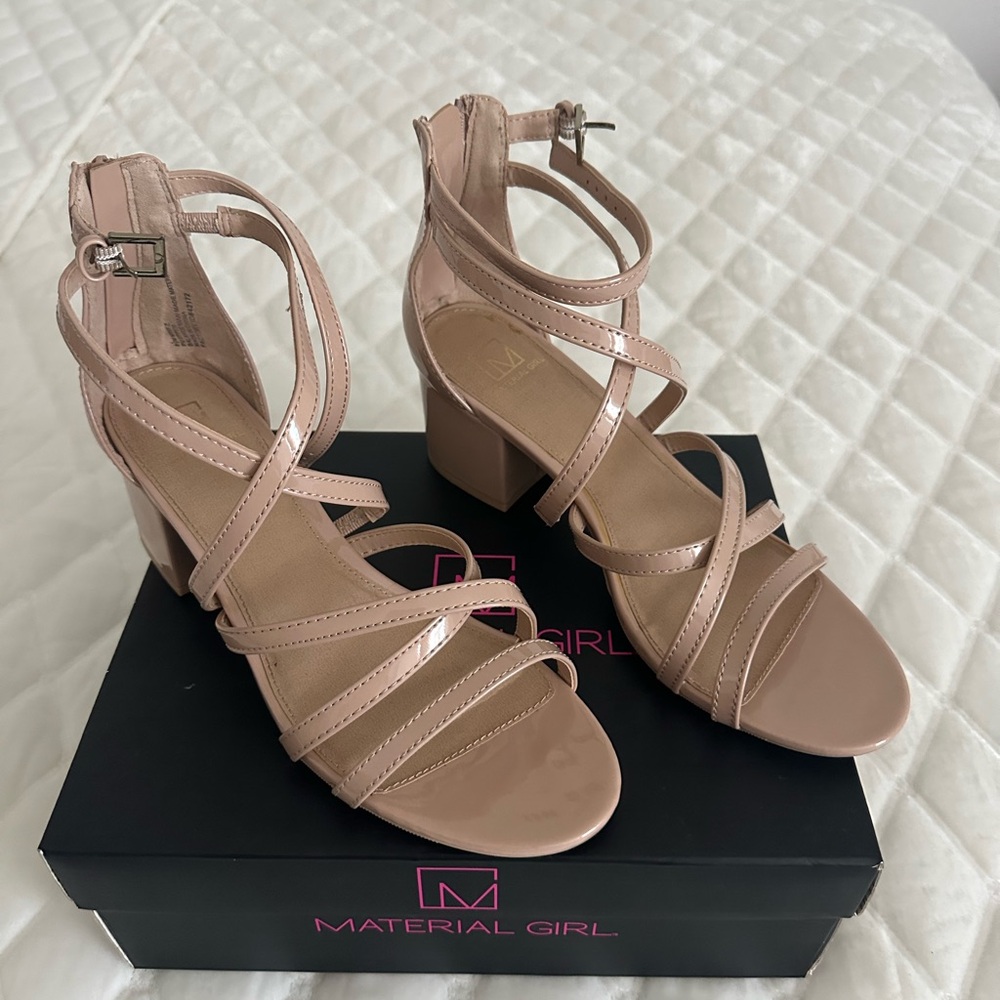 Material Girl Blush Patent Strappy Block Heel Sandals
